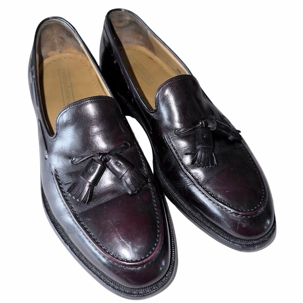 Vintage Johnston & Murphy oxblood red leather driving loafers tassels USA 8.5D